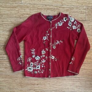 TERAZZO Deep Cranberry, Beaded/Embroidered, Long-Slvd., Button Front Sweater